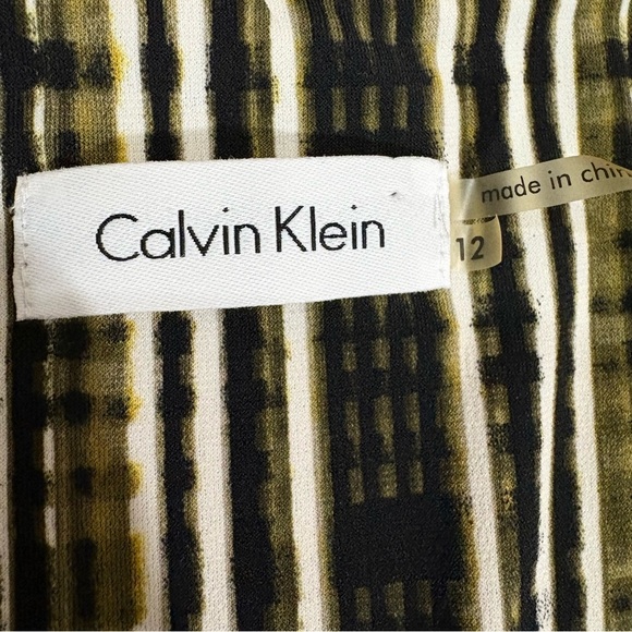 Calvin Klein Womens Dress Olive Green Brown White Stripe Print Size 12 Stretch - Picture 3 of 12